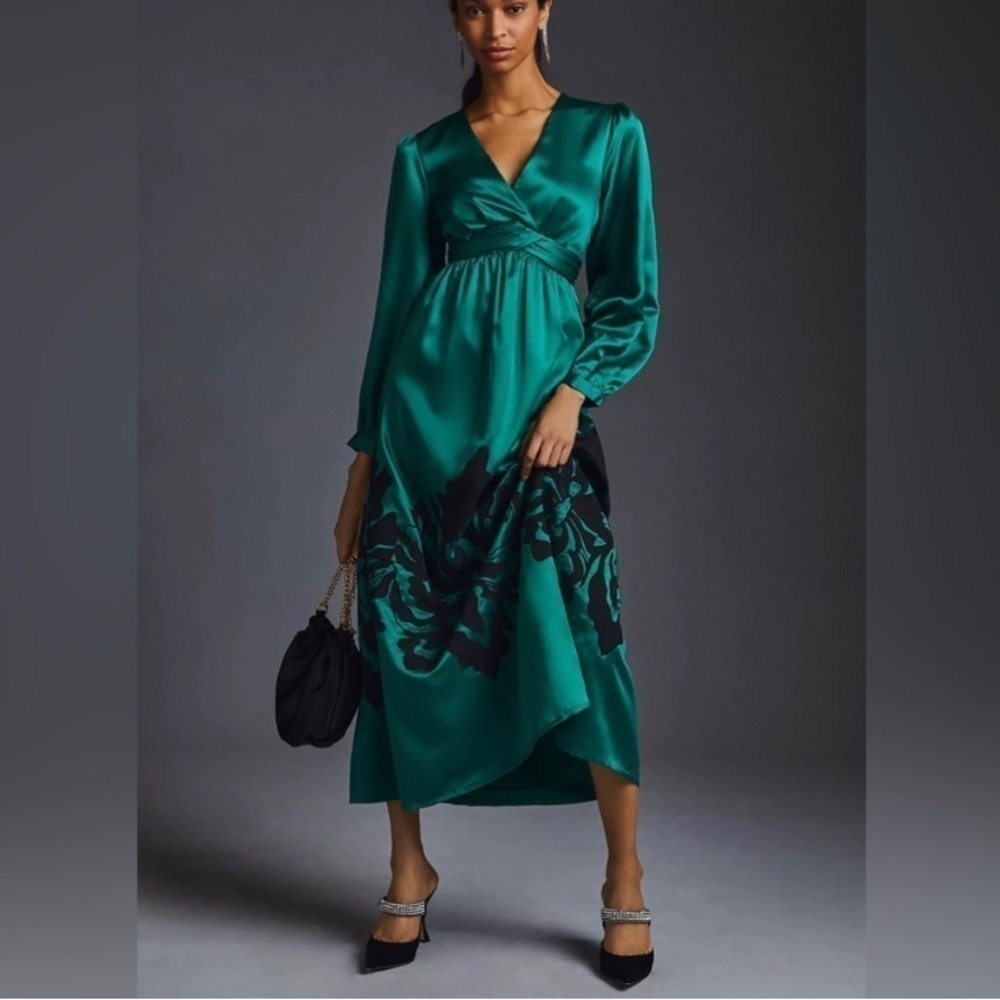 Anthropologie Nikasha Embroidered Satin midi V neck Dress autumn wedding guest - Picture 1 of 14